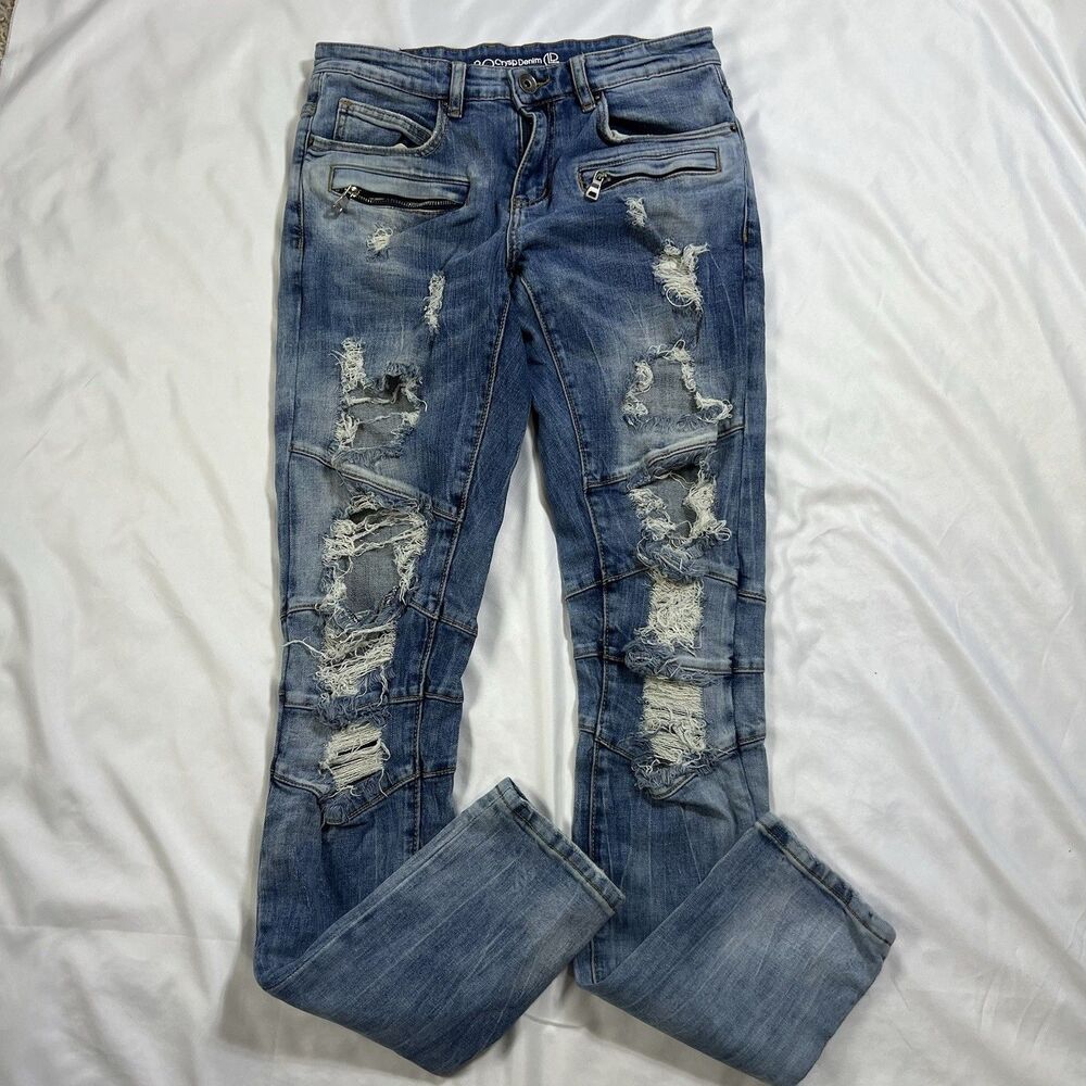 Crysp Denim Men's Destroyed Distressed Jeans Moto Zipper Accents Stretch Size 30